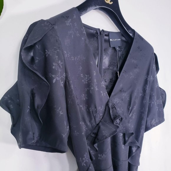 Black Wide Leg Cocktail Jumpsuit XS Satin V Neck Floral Flared Jill Stuart $295 - Picture 6 of 9